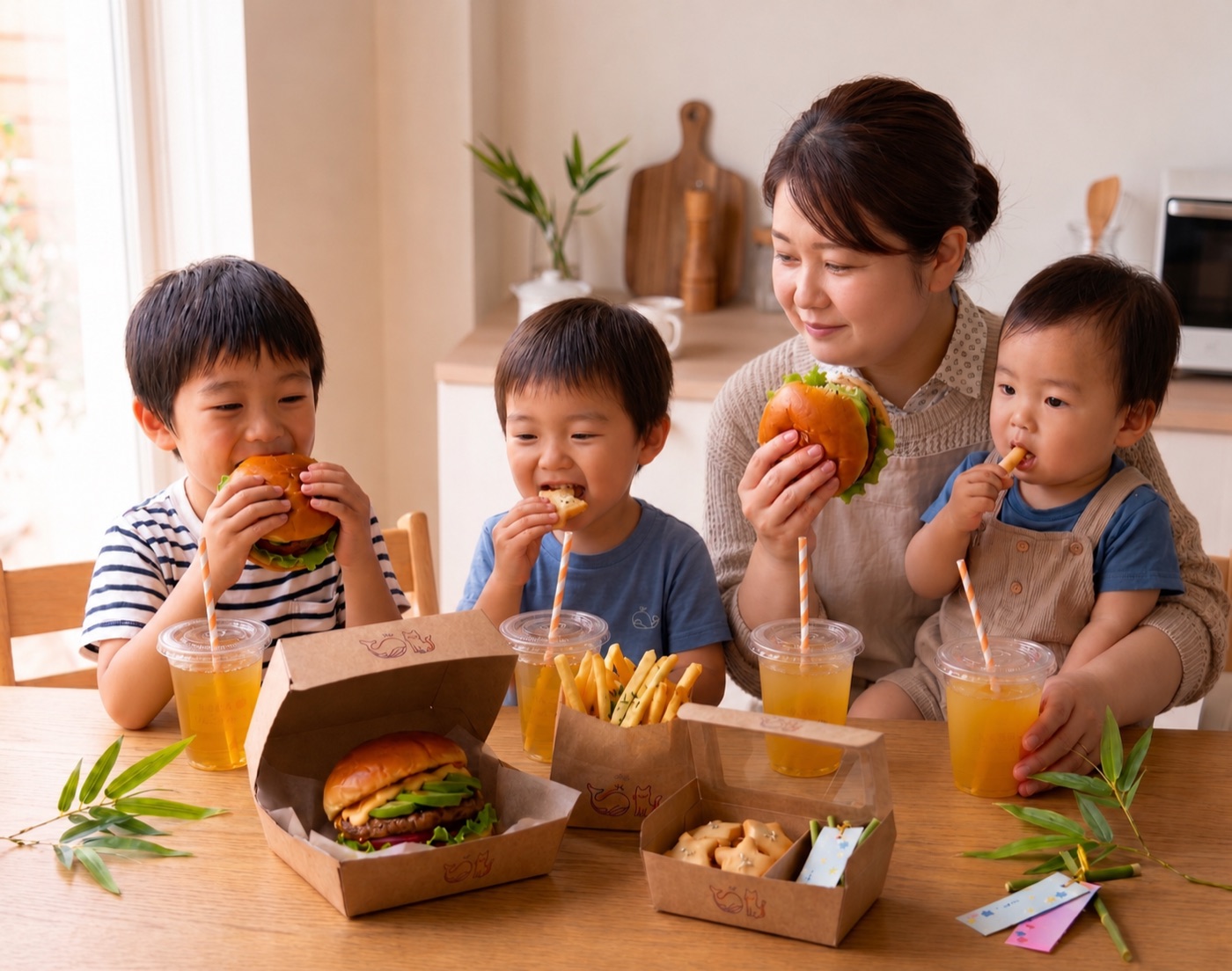 ハンバーガーを囲んで笑顔の家族